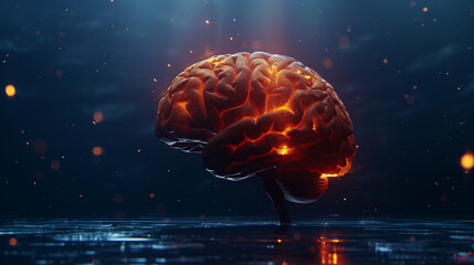 a human brain, side view, highlighted areas indicating cognitive functions, set against a dark background with spotlights, Generative AI