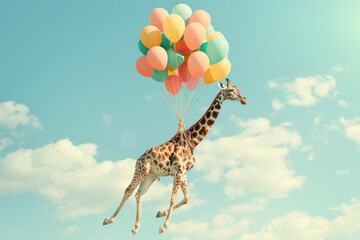 A giraffe floats in the sky tied to several balloons.