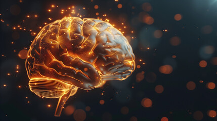 a human brain, side view, highlighted areas indicating cognitive functions, set against a dark background with spotlights, Generative AI