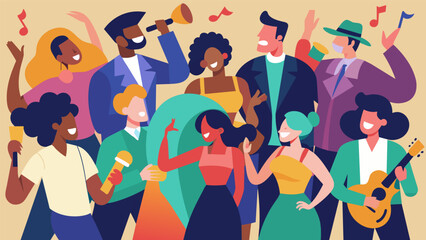 Fototapeta na wymiar The diverse crowd comes together united by their love for jazz and blues moving in unison to the smooth and sounds of the band.. Vector illustration