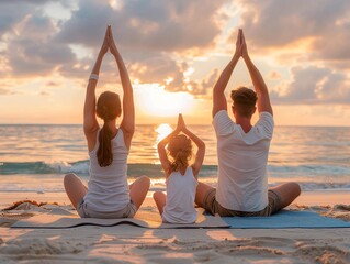 A young family practices yoga on a sandy beach at dawn, mom, dad, and daughter on vacation in a tropical country