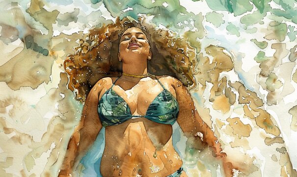 Watercolor painting of a voluptuous Afro woman on a sandy beach
