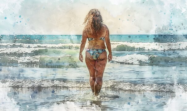 Watercolor painting of a voluptuous Afro woman on a sandy beach