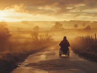 Man in a wheelchair travels along a road leading to hills, with yellow hues, beautiful sunrise