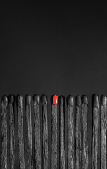 black and red wooden matches lined up in a row, concept. space for text at the top