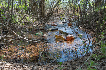 Garbage dump in forest scattered in river. Plastic trash in the lake after picnic. People illegally...