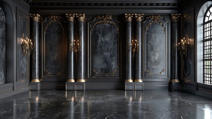 Luxurious living room with lavish use of black marble, blending classic elements with contemporary minimalism,クラシックな要素と現代的なミニマリズムを融合させた、黒い大理石を贅沢に使用した豪華なリビングルーム,Generative AI