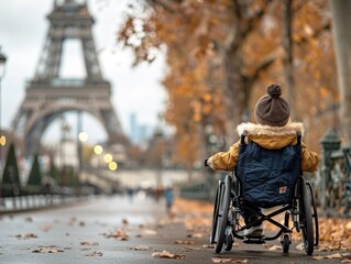 A joyful boy in a wheelchair, dressed in a yellow jacket and hat, travels through Paris, captured from behind, with a view of the Eiffel Tower
