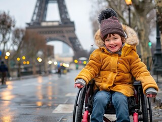 A joyful boy in a wheelchair, wearing a yellow jacket and hat, explores Paris, smiling at the camera