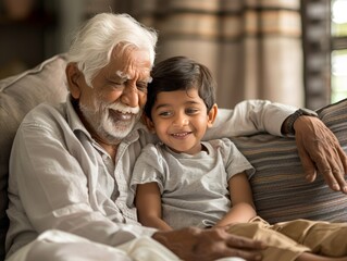 An Indian elderly man embraces his young grandson on the sofa in the living room, celebrating Father's Day