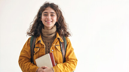 Fototapeta premium Young girl student with books. Teenager female indoors, smiling and holding a book. She is standing in front of a white background.