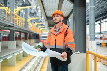 Engineer Reviewing Blueprints in Train Workshop