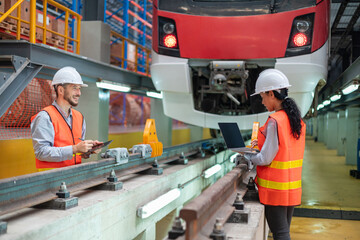 Railway maintenance engineers check readiness in the locomotive repair shop.