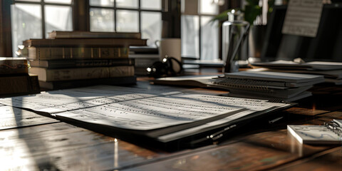 Close-up of a choreographer's desk with dance notation and rehearsal schedules, symbolizing a job in choreography