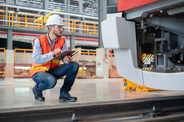 Railway maintenance engineers check readiness in the locomotive repair shop.