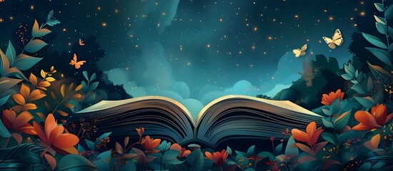 Whimsical Storybook Landscape with Open Book and Enchanting Floral Elements