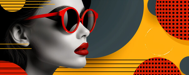 A woman wearing red glasses and red lipstick