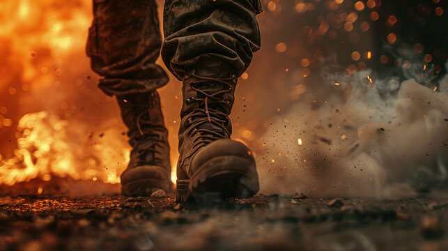close up of soldier's boots walking on asphalt road, explosion in background