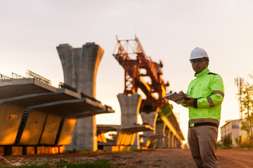A construction worker is standing on a bridge, talking on his cell phone. The scene is set in a...