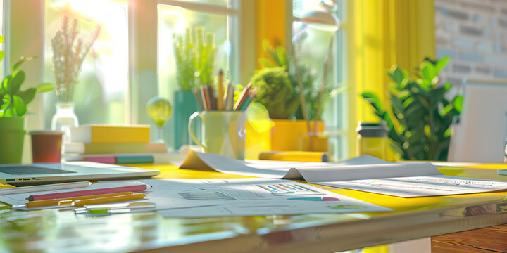 Close-up of a sustainability consultant's desk with sustainability reports and green building plans, illustrating a job in sustainability consulting