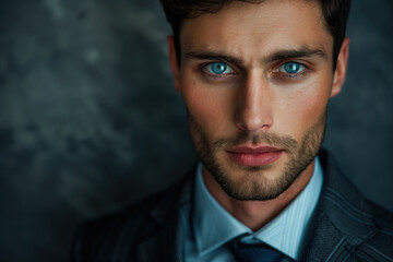 Handsome man with chiseled jaw, blue eyes, short dark hair, wearing a suit