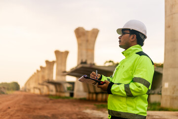 A man in a yellow jacket is writing on a clipboard while standing in front of a bridge. Concept of work and productivity