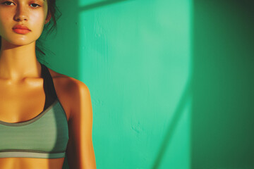 Fototapeta premium portrait of a woman in fitness clothes against green wall with casting shadows