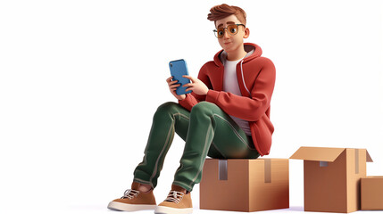 Cute cartoon funny сasual guy in fashion clothes red hoodie, green jeans, brown sneakers sits on cardboard boxes holds blue smartphone in one hand, waiting moving company. 3d render isolated - Powered by Adobe