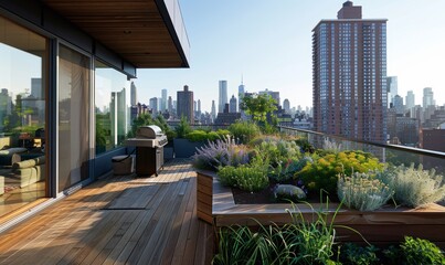 Fototapeta premium Rooftop skyscraper garden with abundant greenery, panoramic view of a big city with a beautiful sky