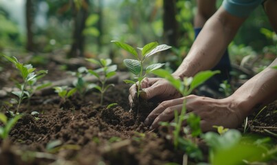 Obraz premium Two hands plant a tree sapling in the forest soil, close-up shot, promoting environmental activism