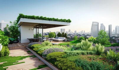 Rooftop skyscraper garden with abundant greenery, panoramic view of a big city with a beautiful sky