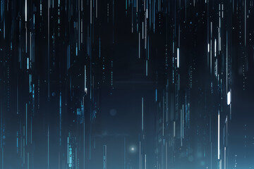 An abstract, futuristic digital background with falling lines of code, technology, data streams, and cyber networks in motion.