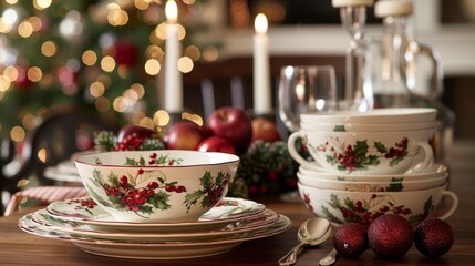 Seasonal Decor Festive Dinnerware: Photos of festive dinnerware sets with seasonal motifs - obrazy, fototapety, plakaty