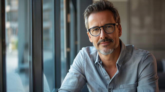 Portrait of a handsome man with glasses and a goatee in a casual shirt. Middle aged male business professional portrait