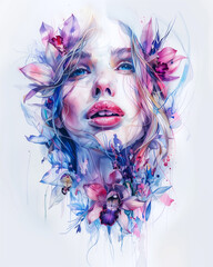 A woman's face is painted with flowers and the background is white