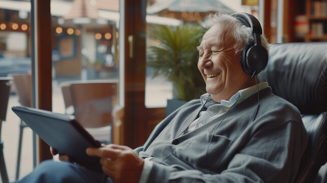 Happy senior man using tablet and headphones to watch video online in a modern cafe.