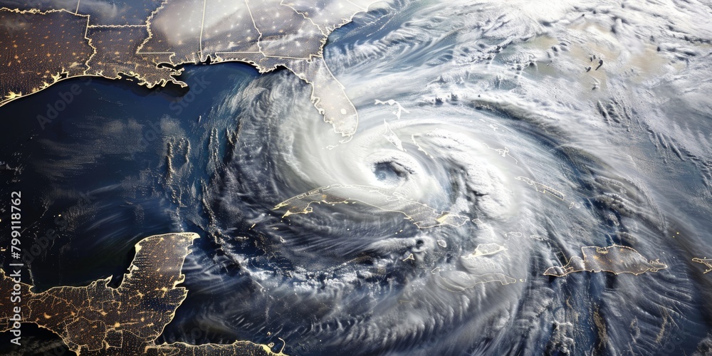 Wall mural satellite view of a hurricane over the eastern u.s. coast, showing city lights and cloud patterns. h - Wall murals