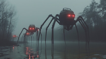 three gigantic slender spiders, iron as body and red monitors as eyes