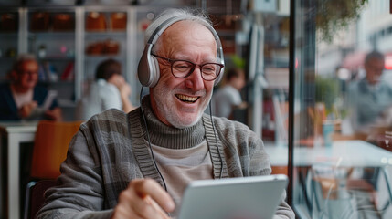 Happy senior man using tablet and headphones to watch video online in a modern cafe.