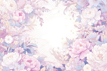 Abstract background with peonies and waves, using a pink color palette. Japanese pattern, featuring a beautiful floral design.