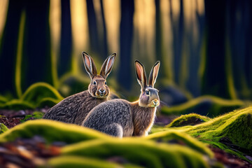 hares in the forest. two gray hares live in a green forest. wildlife concept