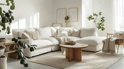 scandinavian - style family room with a white couch, wood table, and wicker basket, adorned with wh