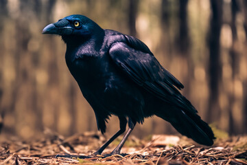 Naklejka premium bird in the forest. a large black raven sits on the ground on dry branches, close-up. nature concept