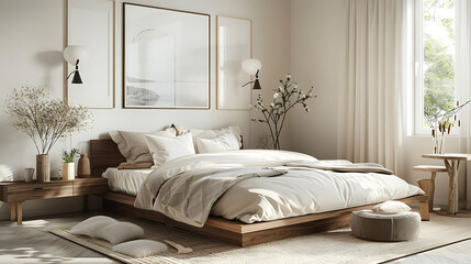 simple bedroom with platform bed and wall - mounted nightstands featuring white pillows, a white va