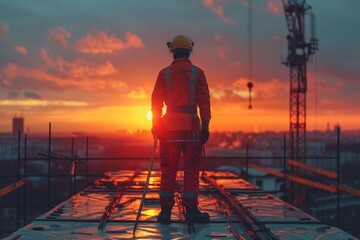 Construction worker wearing safety uniform using electric machine tool during working on roof structure of building on construction site at sunset, Generative AI