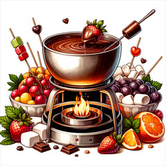 An illustration for world chocolate day, Chocolate fondue set, rendered in watercolor style.