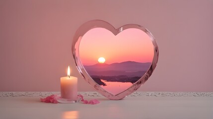 Heart shaped mirror with candlelight on wooden table  in pink sunset background. Reflection of love. Love concept. Banner, Perfect gift for Modern valentines day with copy space.  