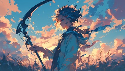 An anime art style of an androgynous man with short hair holding a long scythe, in the background is a sunset sky with clouds in a fantasy setting with an anime aesthetic.