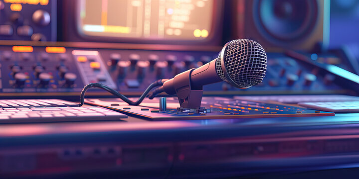 Close-up of a radio broadcaster's desk with microphone and broadcast schedule, symbolizing a job in radio broadcasting