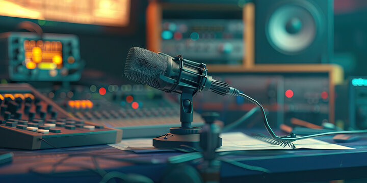 Close-up of a radio broadcaster's desk with microphone and broadcast schedule, symbolizing a job in radio broadcasting